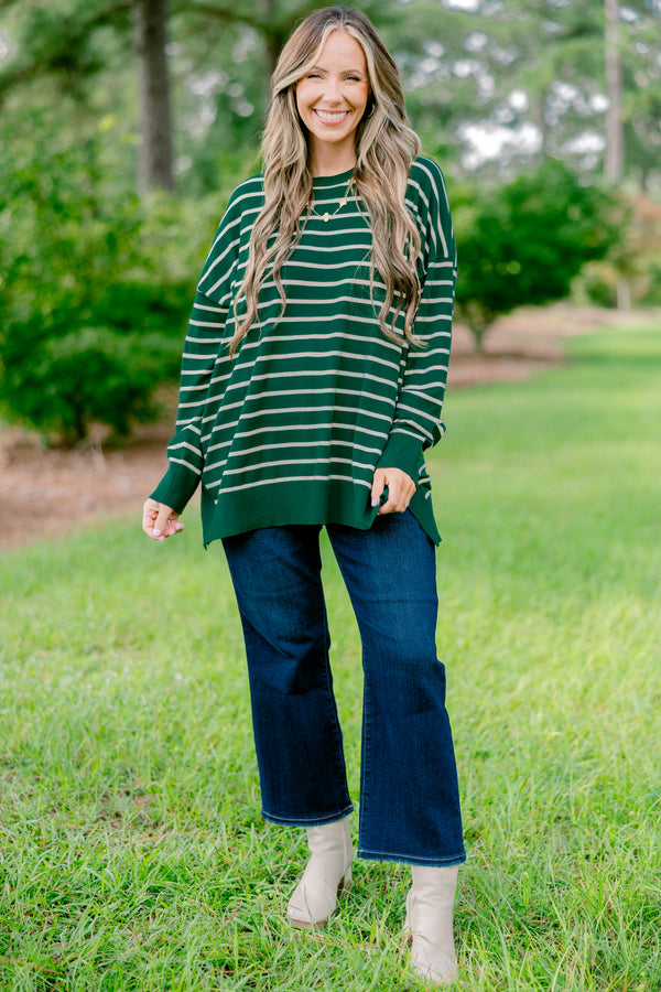 Chic Soul plus size clothing, green long sleeve top with a white striped detail 