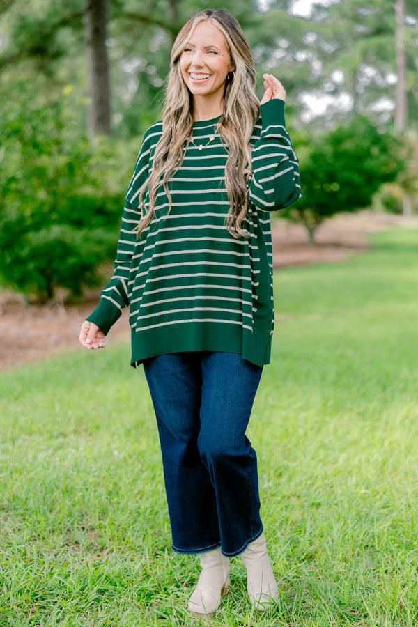 Chic Soul plus size clothing, green long sleeve top with a white striped detail 