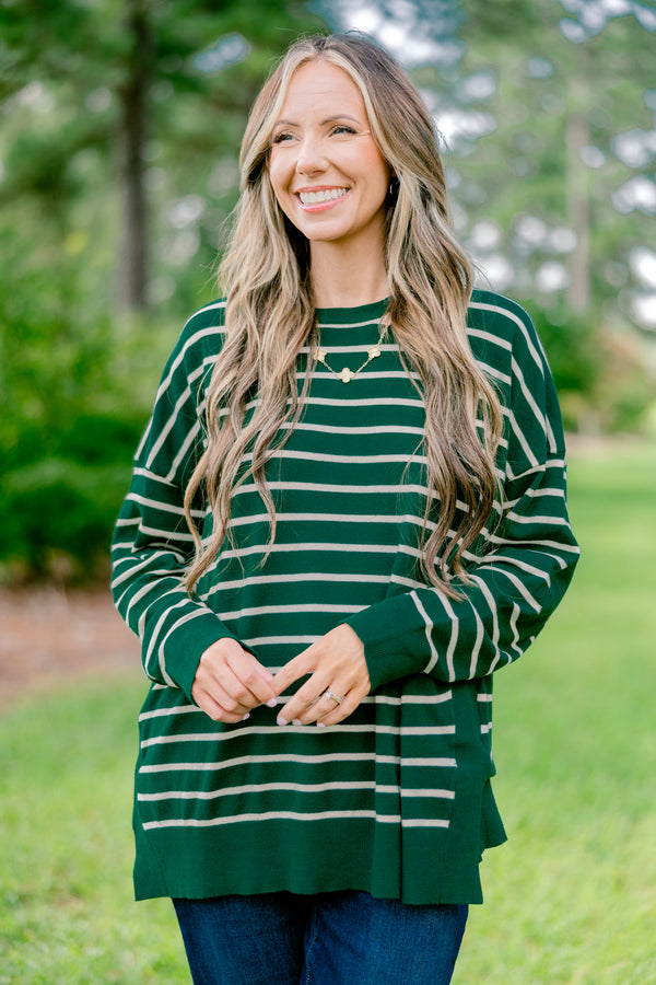 Chic Soul plus size clothing, green long sleeve top with a white striped detail 