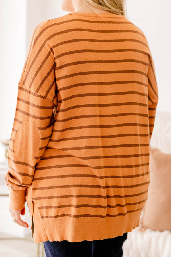 Chic Soul plus size clothing, brown long sleeve tunic with dark brown thin horizontal stripes