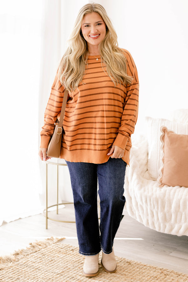Chic Soul plus size clothing, brown long sleeve tunic with dark brown thin horizontal stripes