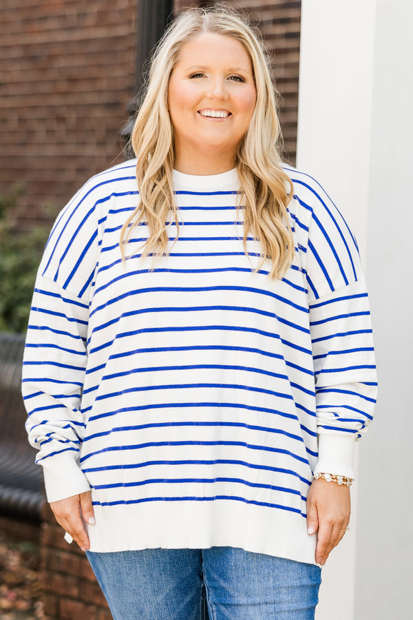Chic Soul plus size clothing, white long sleeve top with royal blue horizontal stripes with cuff sleeves and round neckline with navy elbow patches
