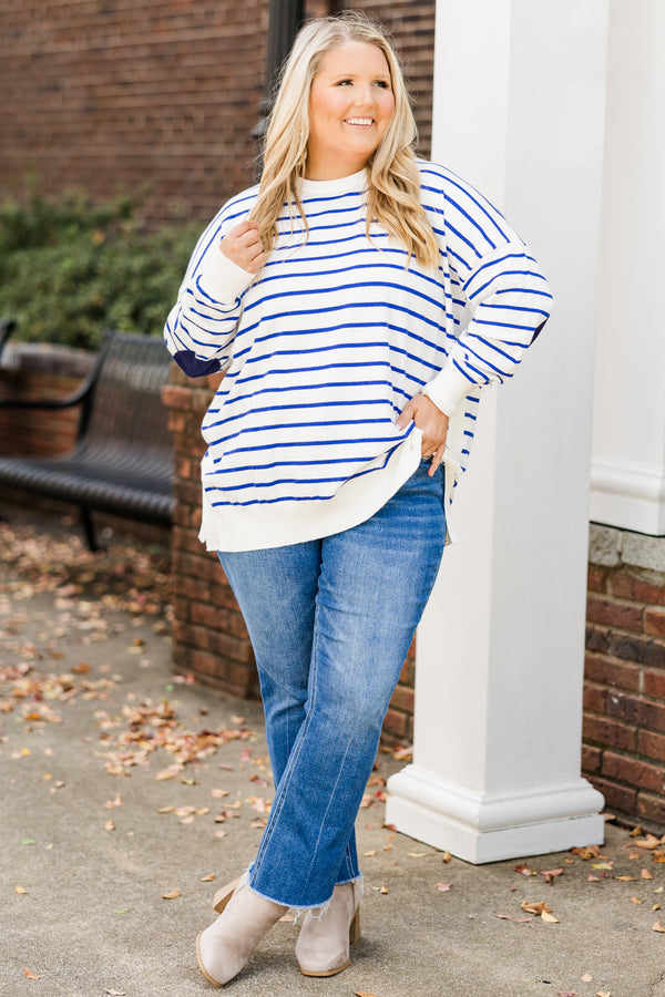 Chic Soul plus size clothing, white long sleeve top with royal blue horizontal stripes with cuff sleeves and round neckline with navy elbow patches