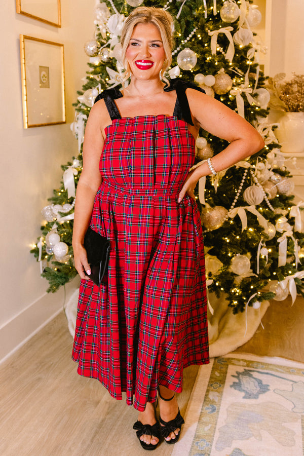 Chic Soul plus size clothing, red plaid flowy maxi dress with black ties as straps