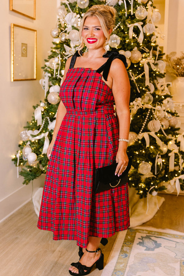 Chic Soul plus size clothing, red plaid flowy maxi dress with black ties as straps