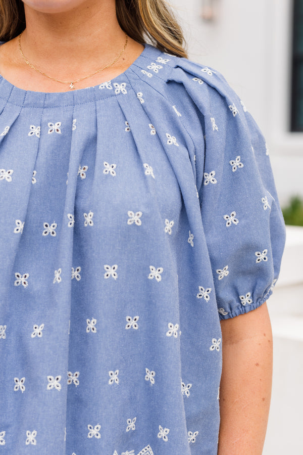 Chic Soul plus size clothing, light chambray denim puff sleeve top with white embroidery detailing