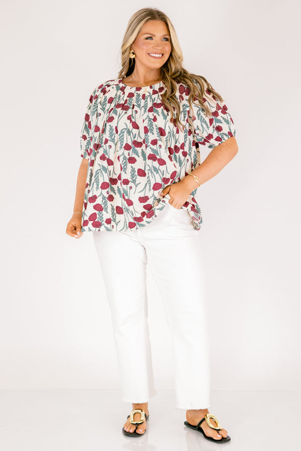 Chic Soul plus size clothing, cream short sleeve top with red floral and green leaves pattern 