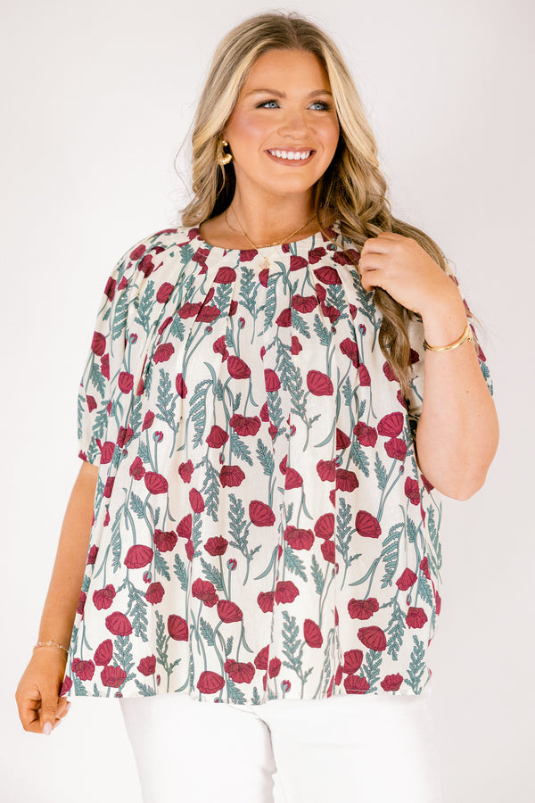Chic Soul plus size clothing, cream short sleeve top with red floral and green leaves pattern 