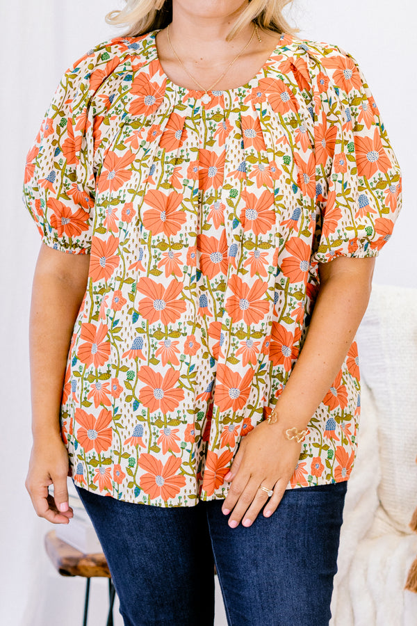 Chic Soul plus size clothing, ivory puff short sleeve top with red, orange, and green floral pattern