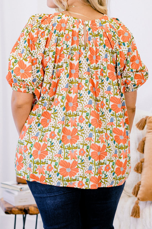Chic Soul plus size clothing, ivory puff short sleeve top with red, orange, and green floral pattern