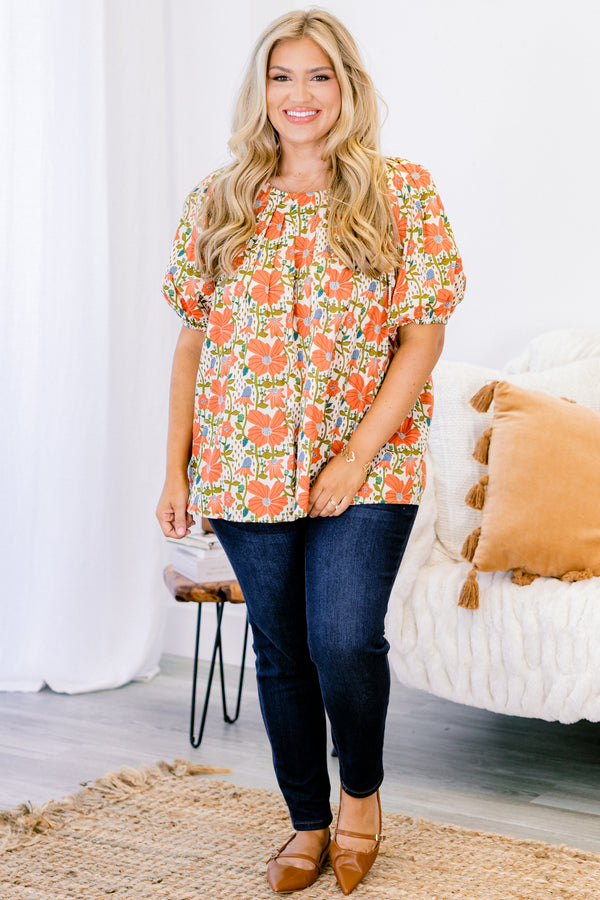Chic Soul plus size clothing, ivory puff short sleeve top with red, orange, and green floral pattern