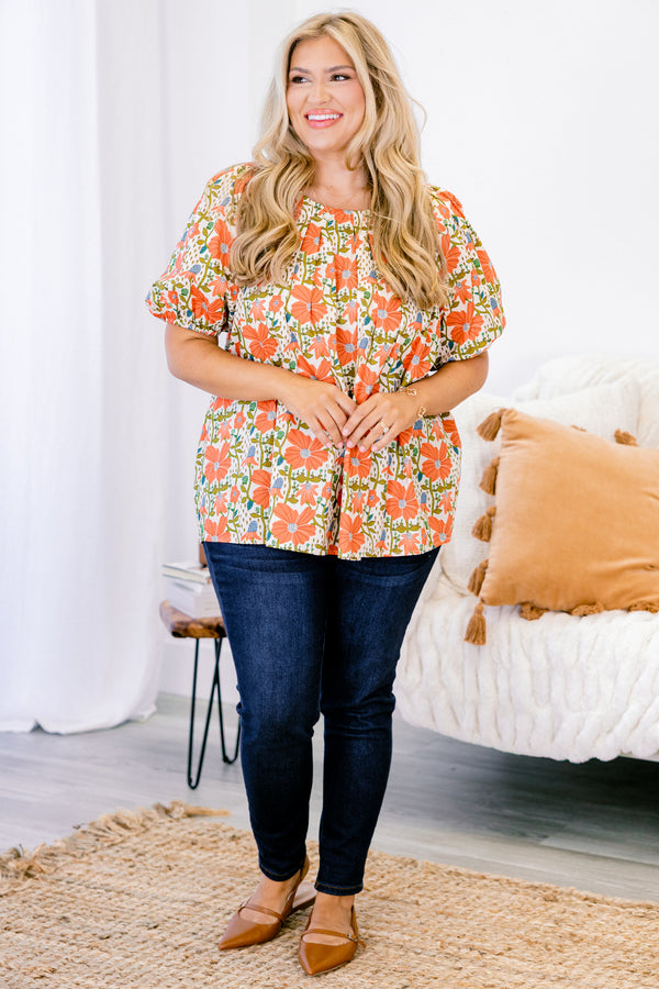 Chic Soul plus size clothing, ivory puff short sleeve top with red, orange, and green floral pattern