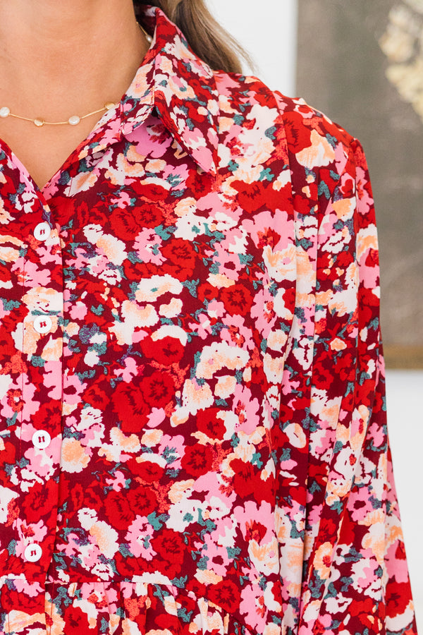 Chic Soul plus size clothing, long-sleeve red collared buttoned dress with a pink and ivory floral pattern