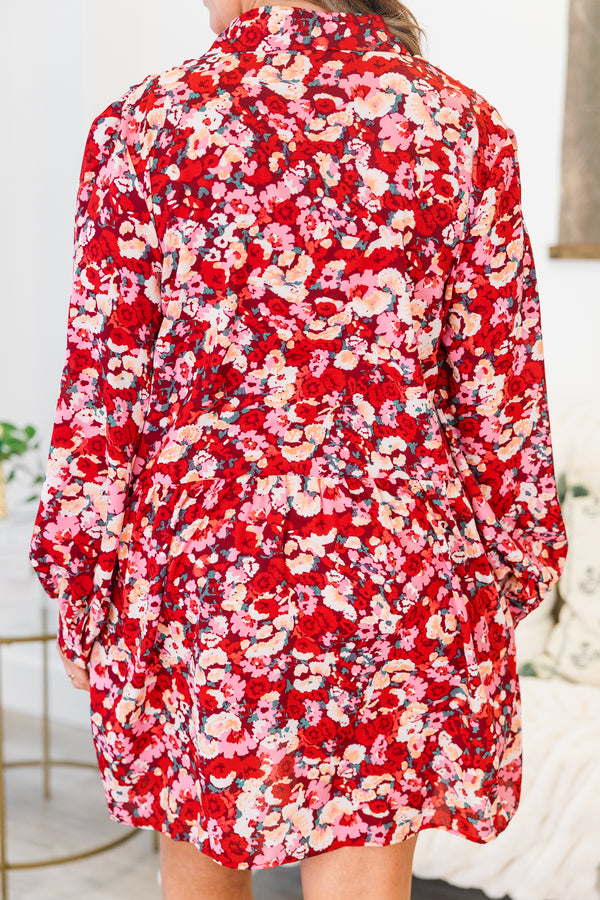 Chic Soul plus size clothing, long-sleeve red collared buttoned dress with a pink and ivory floral pattern