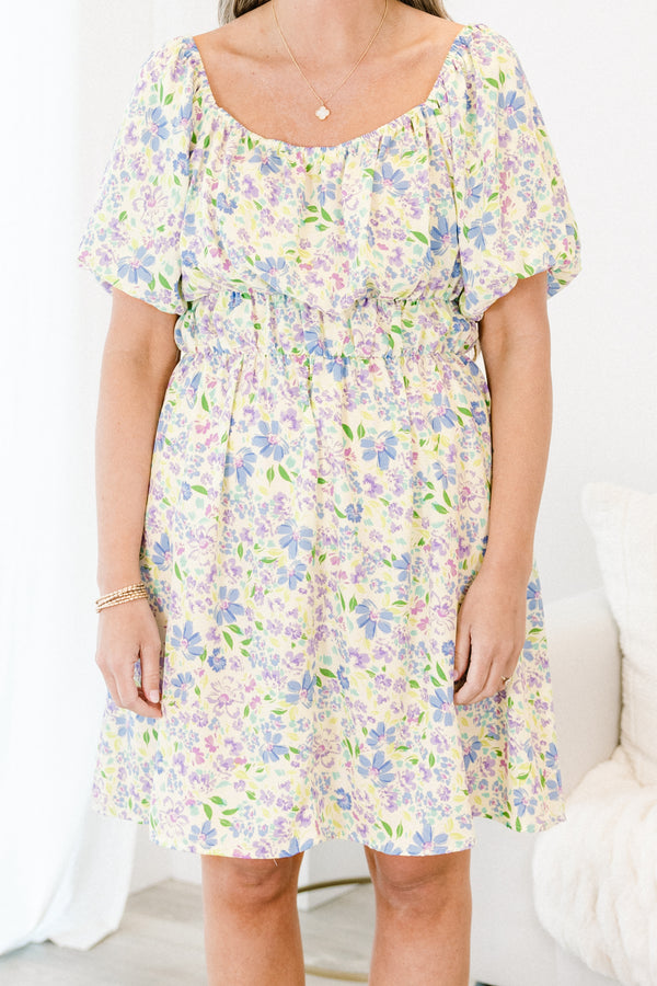 Chic Soul plus size clothing, blue short sleeve mini dress with small blue/purple floral print with square neckline with puff sleeves and cinched waist