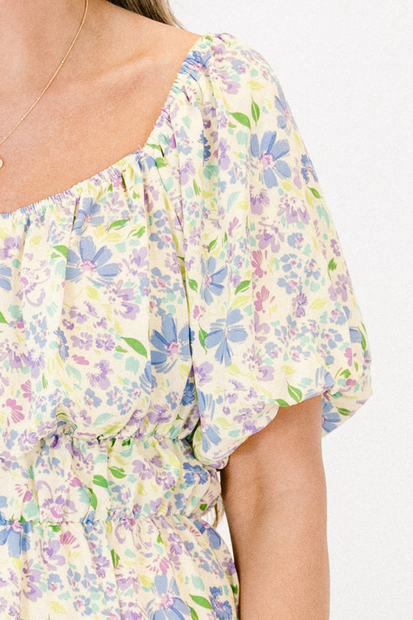 Chic Soul plus size clothing, blue short sleeve mini dress with small blue/purple floral print with square neckline with puff sleeves and cinched waist