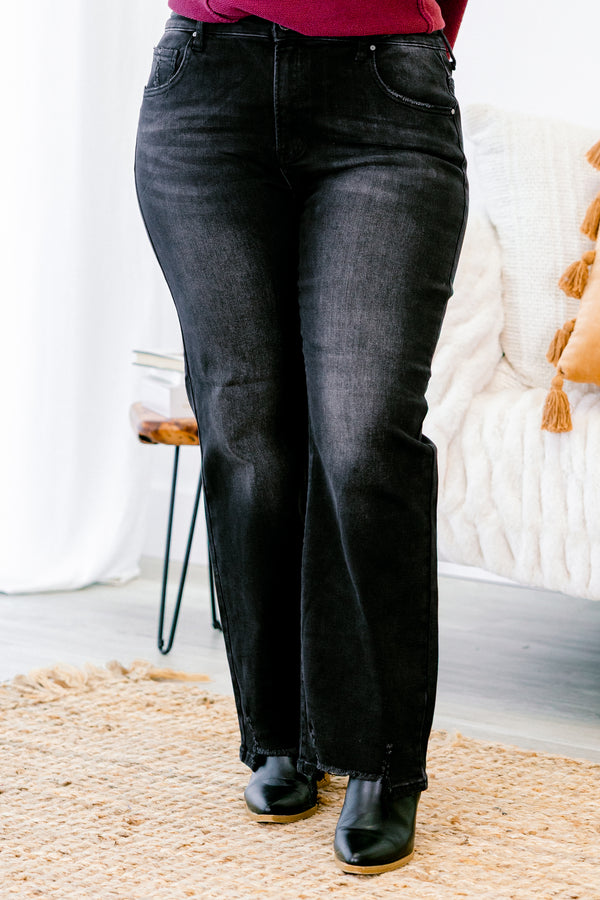 Chic Soul plus size clothing, black wash denim straight cut jeans with a distressed hem