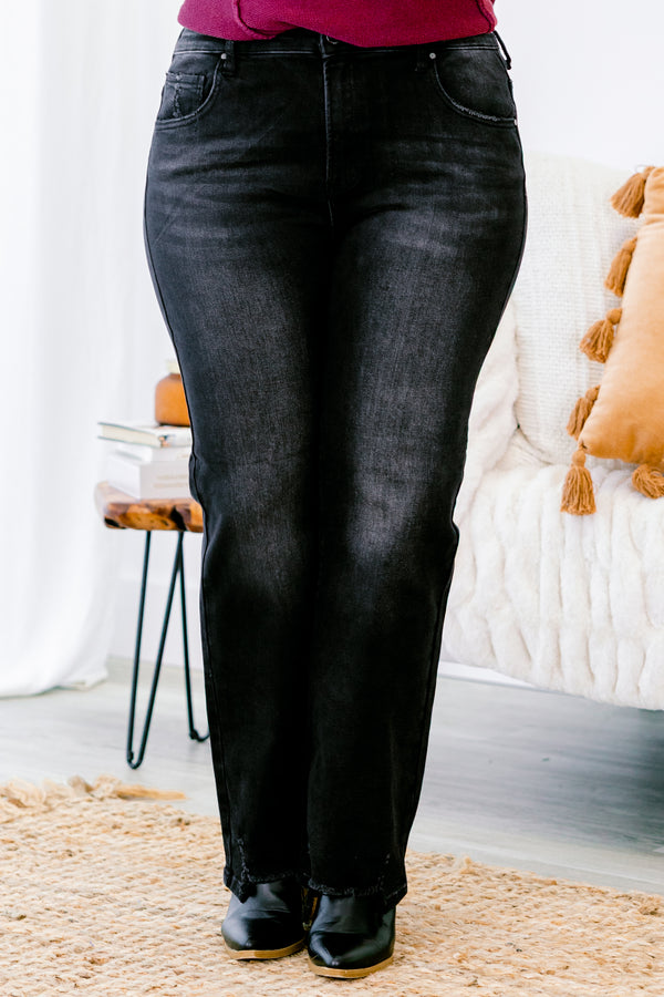 Chic Soul plus size clothing, black wash denim straight cut jeans with a distressed hem