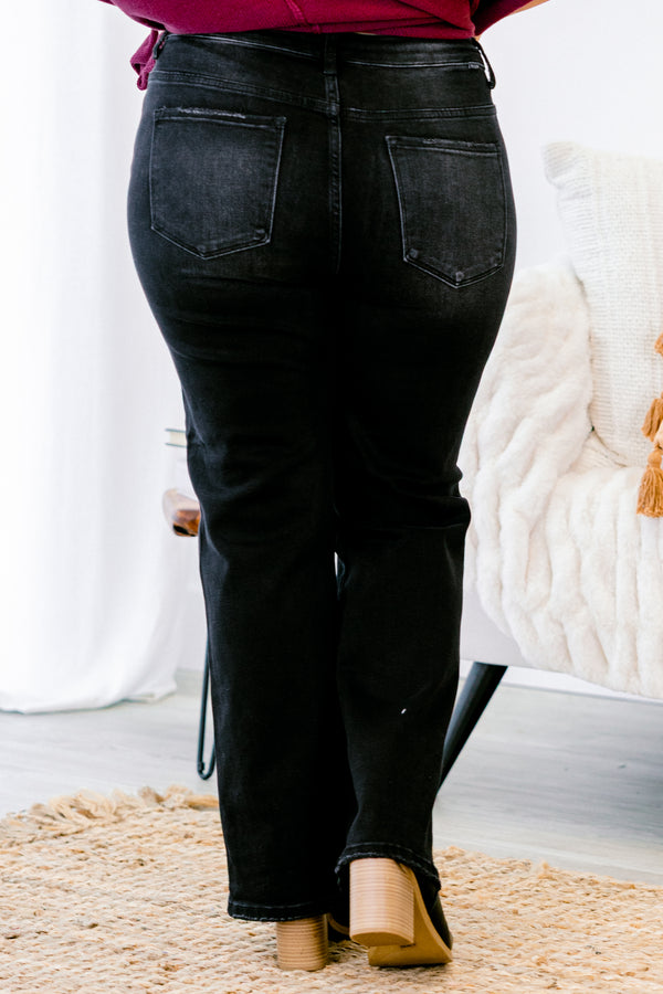 Chic Soul plus size clothing, black wash denim straight cut jeans with a distressed hem