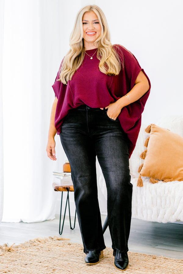 Chic Soul plus size clothing, black wash denim straight cut jeans with a distressed hem