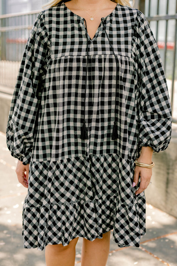 Chic Soul plus size clothing, black gingham long puff sleeve short tiered dress with slight v neckline and tassles at the neckline