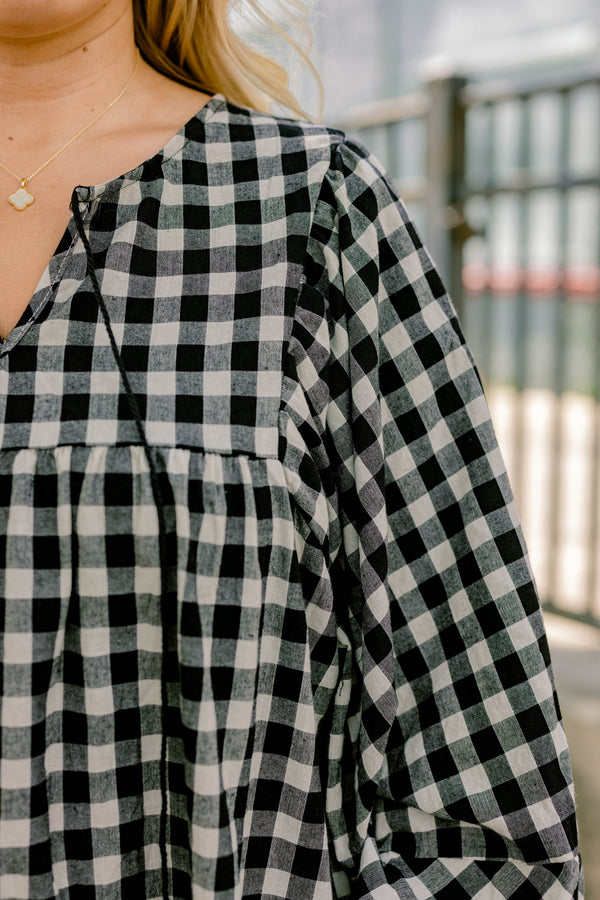 Chic Soul plus size clothing, black gingham long puff sleeve short tiered dress with slight v neckline and tassles at the neckline