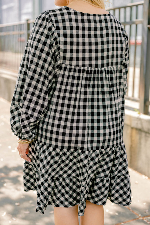 Chic Soul plus size clothing, black gingham long puff sleeve short tiered dress with slight v neckline and tassles at the neckline