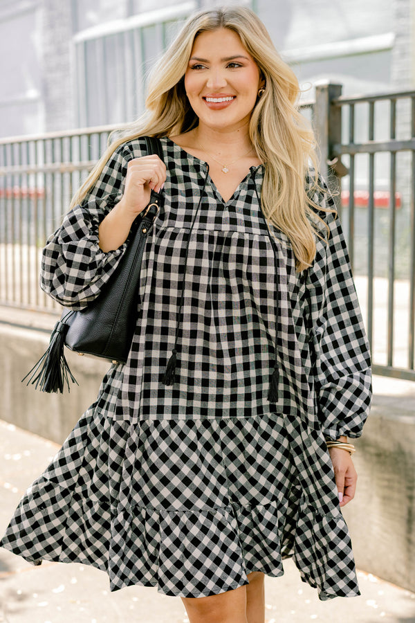 Chic Soul plus size clothing, black gingham long puff sleeve short tiered dress with slight v neckline and tassles at the neckline