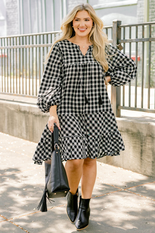 Chic Soul plus size clothing, black gingham long puff sleeve short tiered dress with slight v neckline and tassles at the neckline