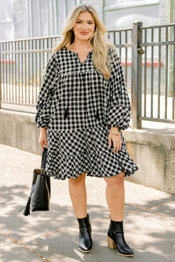 Chic Soul plus size clothing, black gingham long puff sleeve short tiered dress with slight v neckline and tassles at the neckline