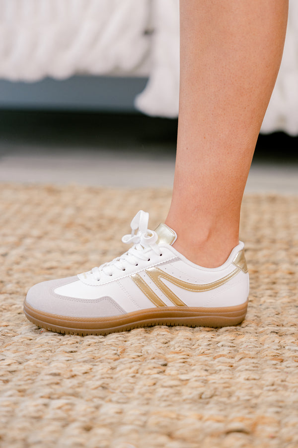 Chic Soul plus size clothing, white lace-up sneaker with gold accents 