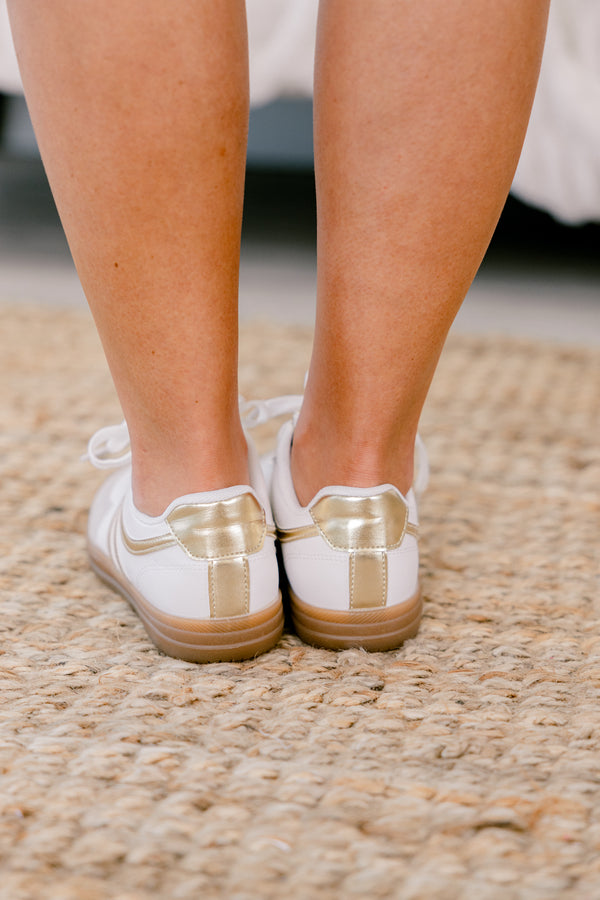 Chic Soul plus size clothing, white lace-up sneaker with gold accents 