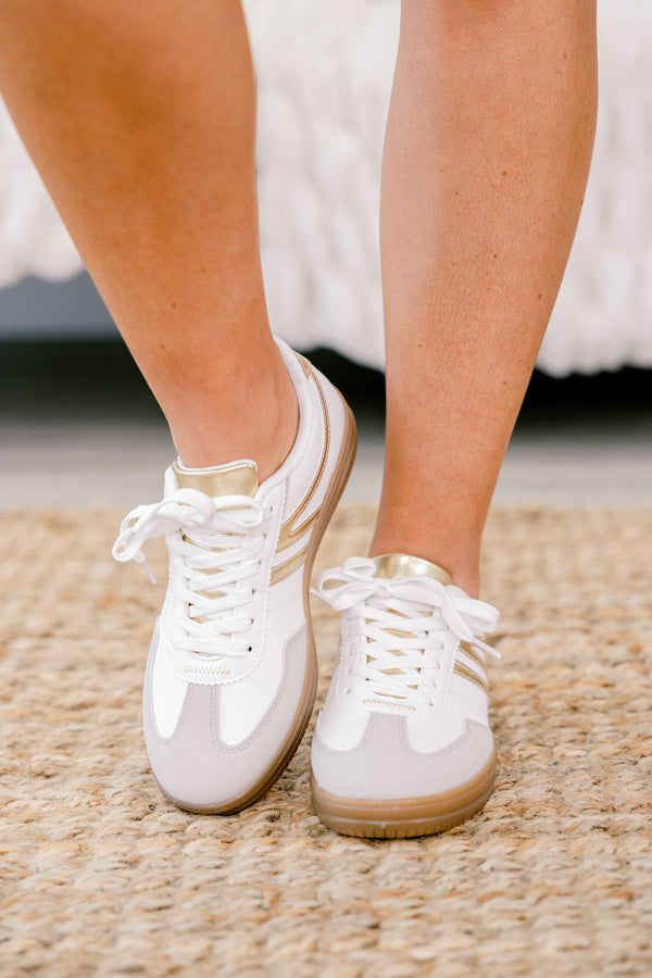 Chic Soul plus size clothing, white lace-up sneaker with gold accents 