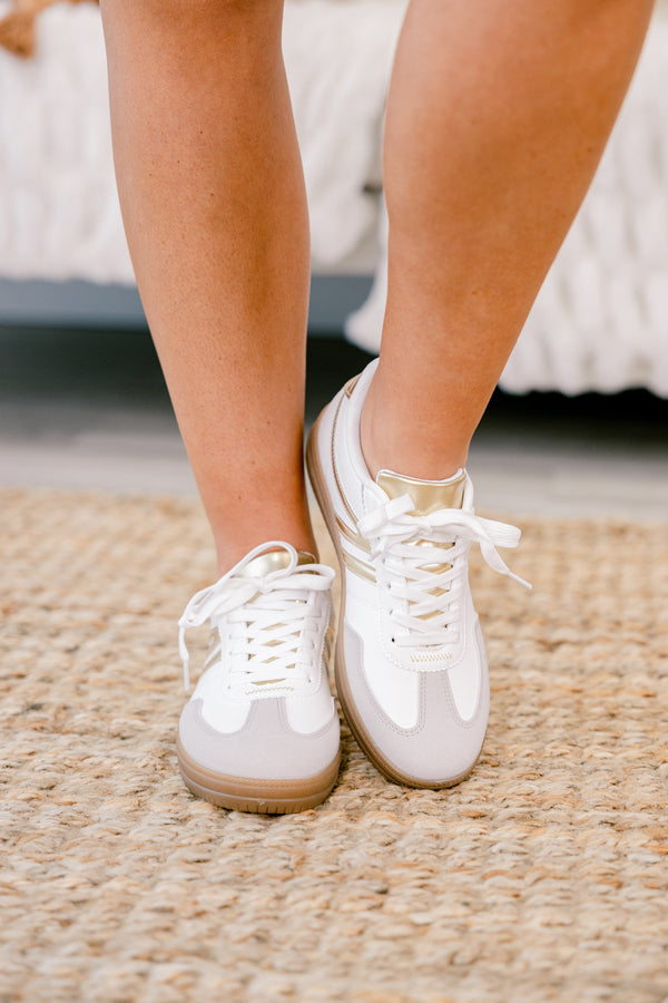 Chic Soul plus size clothing, white lace-up sneaker with gold accents 