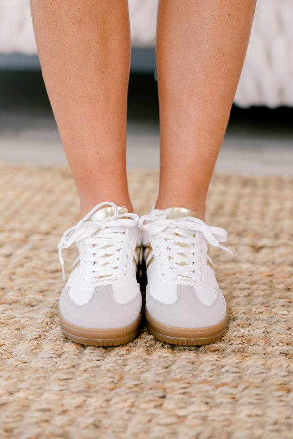 Chic Soul plus size clothing, white lace-up sneaker with gold accents 