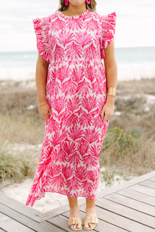 Chic Soul plus size clothing, fuchsia maxi dress with a high neck and flutter sleeves as well as a palm leaf pattern throughout 