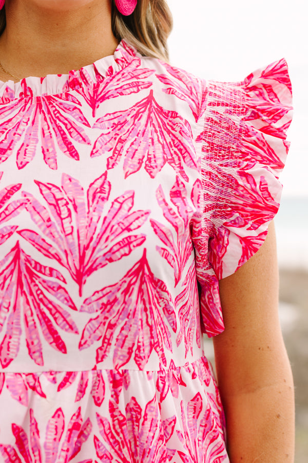 Chic Soul plus size clothing, fuchsia maxi dress with a high neck and flutter sleeves as well as a palm leaf pattern throughout 