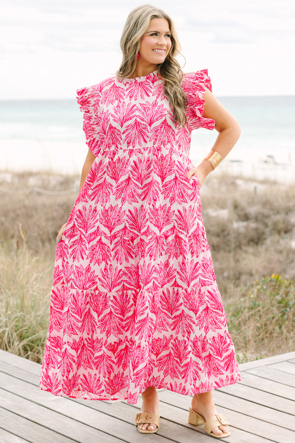 Chic Soul plus size clothing, fuchsia maxi dress with a high neck and flutter sleeves as well as a palm leaf pattern throughout 