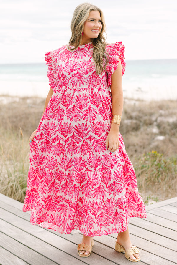 Chic Soul plus size clothing, fuchsia maxi dress with a high neck and flutter sleeves as well as a palm leaf pattern throughout 