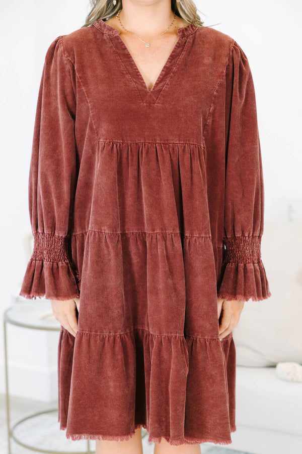 Plus Size rustic red corduroy tiered dress with a V-neckline and frayed hem short sleeves.