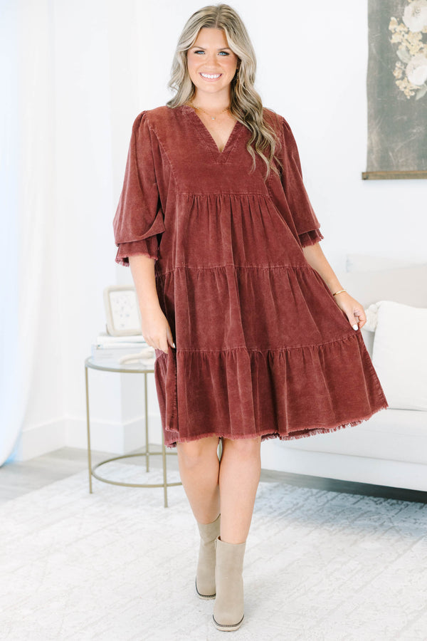 Plus Size rustic red corduroy tiered dress with a V-neckline and frayed hem short sleeves.