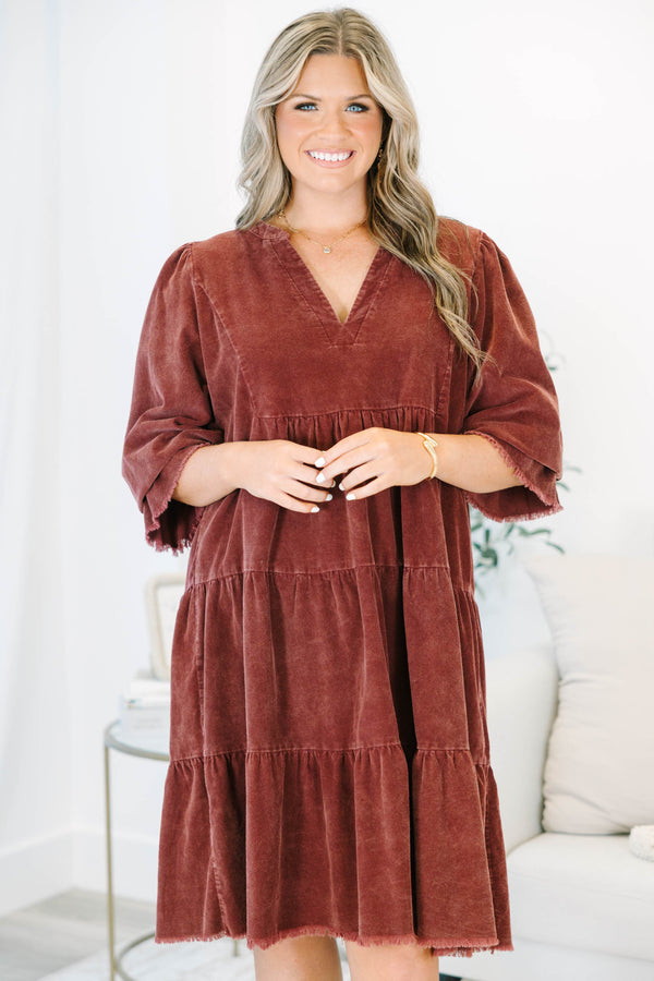 Plus Size rustic red corduroy tiered dress with a V-neckline and frayed hem short sleeves.