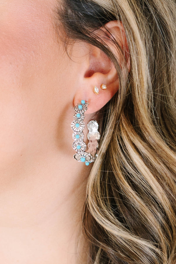 Silver Rustic Revival floral hoop earrings with turquoise beads 