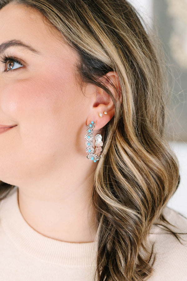 Silver Rustic Revival floral hoop earrings with turquoise beads 