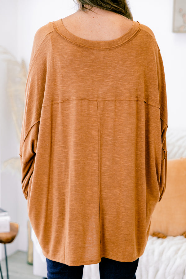 Chic Soul plus size clothing, light brown long sleeve flowy top with front pocket on left side of the chest 