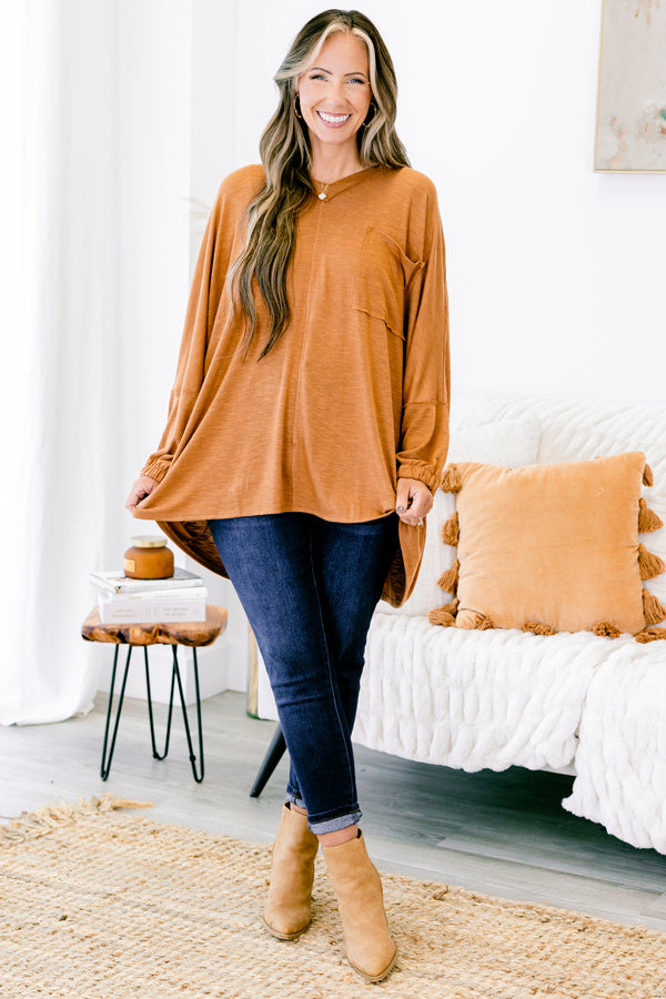 Chic Soul plus size clothing, light brown long sleeve flowy top with front pocket on left side of the chest 