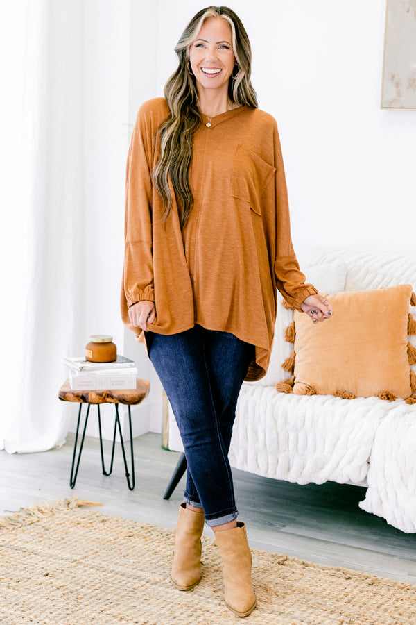 Chic Soul plus size clothing, light brown long sleeve flowy top with front pocket on left side of the chest 