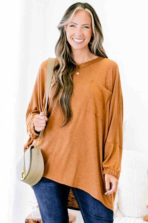 Chic Soul plus size clothing, light brown long sleeve flowy top with front pocket on left side of the chest 