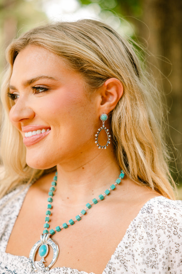 Chic Soul plus size clothing, turquoise and silver stud earrings with silver tear drop shaped drop down pendant