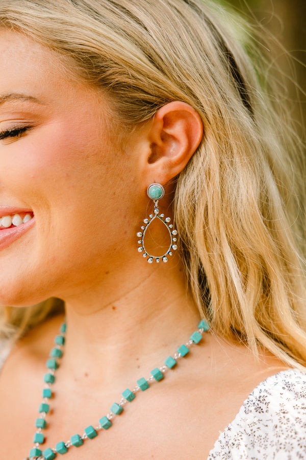 Chic Soul plus size clothing, turquoise and silver stud earrings with silver tear drop shaped drop down pendant